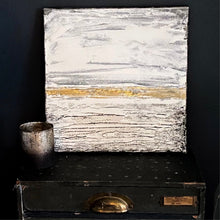 Load image into Gallery viewer, Textured White and Gold Canvas, an original mixed media painting featuring polyfiller, paint, crayon, and gold leaf.