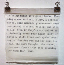 Load image into Gallery viewer, The Guest House – an original textile artwork inspired by Rumi’s poem, printed on wispy cotton with frayed edges and stitched paper top.