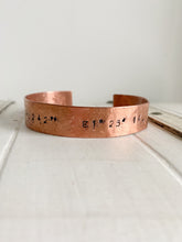 Load image into Gallery viewer, Co-Ordinates hand stamped copper men’s bracelet.