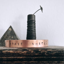 Load image into Gallery viewer, ‘Vrai Amitié’ copper, hand stamped bracelet.
