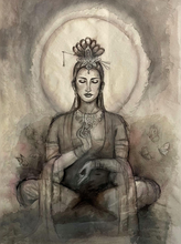 Load image into Gallery viewer, Artistic depiction of a seated figure with a serene expression on a textured background, surrounded by butterflies
