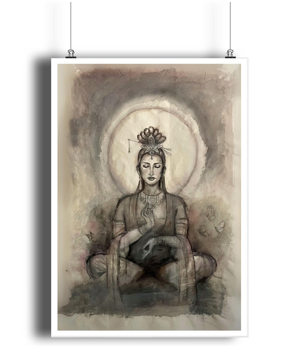 Compassion and Transformation’ giclée limited edition print inspired by Quan Yin, the Goddess of Compassion, with watercolour butterflies symbolizing hope and transformation.