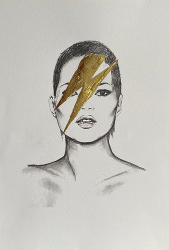 Ziggy Stardust Reimagined – a limited edition A4 print featuring Kate Moss, inspired by Ziggy Stardust and David Bowie, hand-finished with gold leaf.
