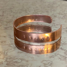 Load image into Gallery viewer, Let There Be Light, copper, hand stamped bracelet.

