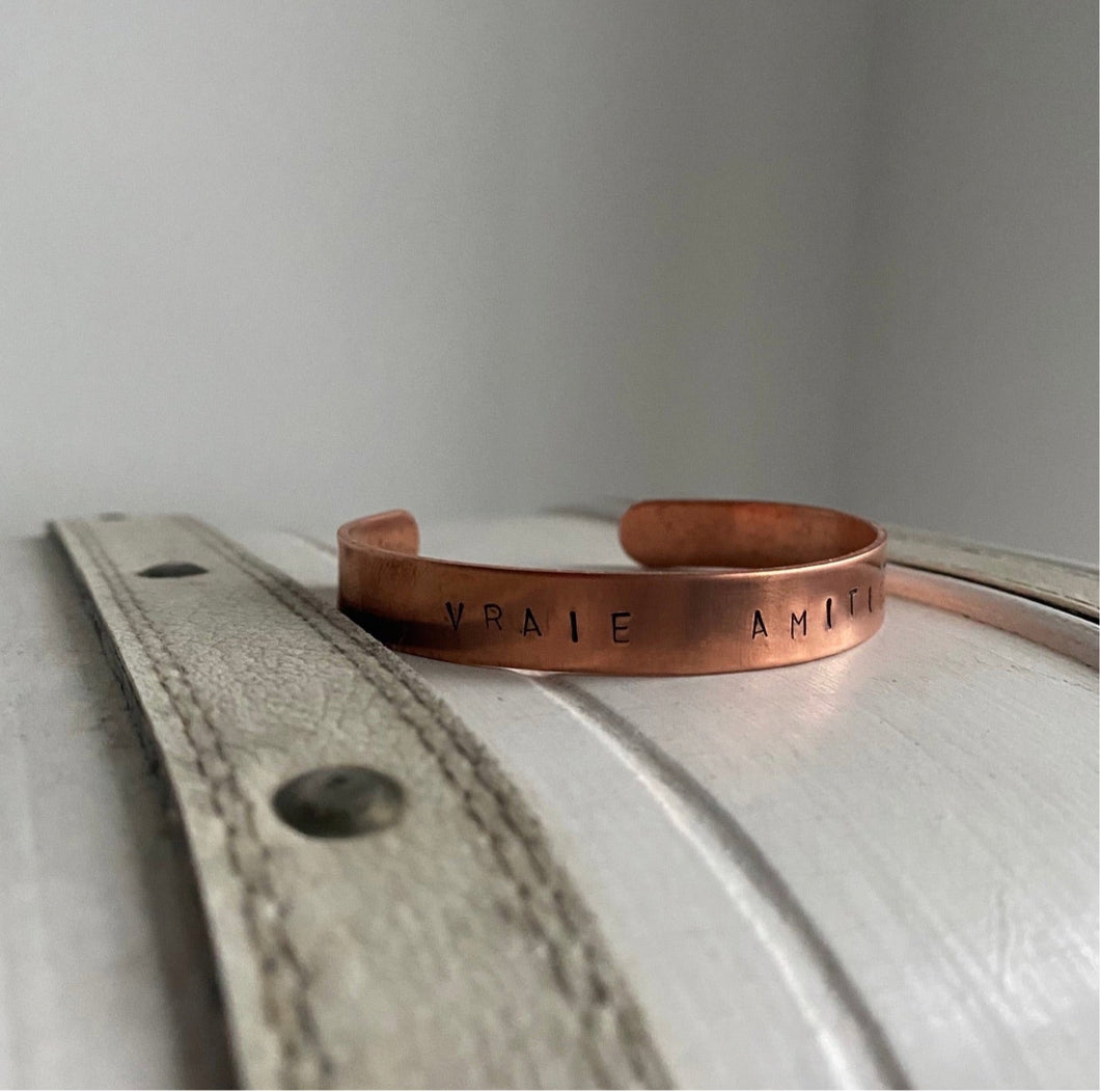 ‘Vrai Amitié’ copper, hand stamped bracelet.